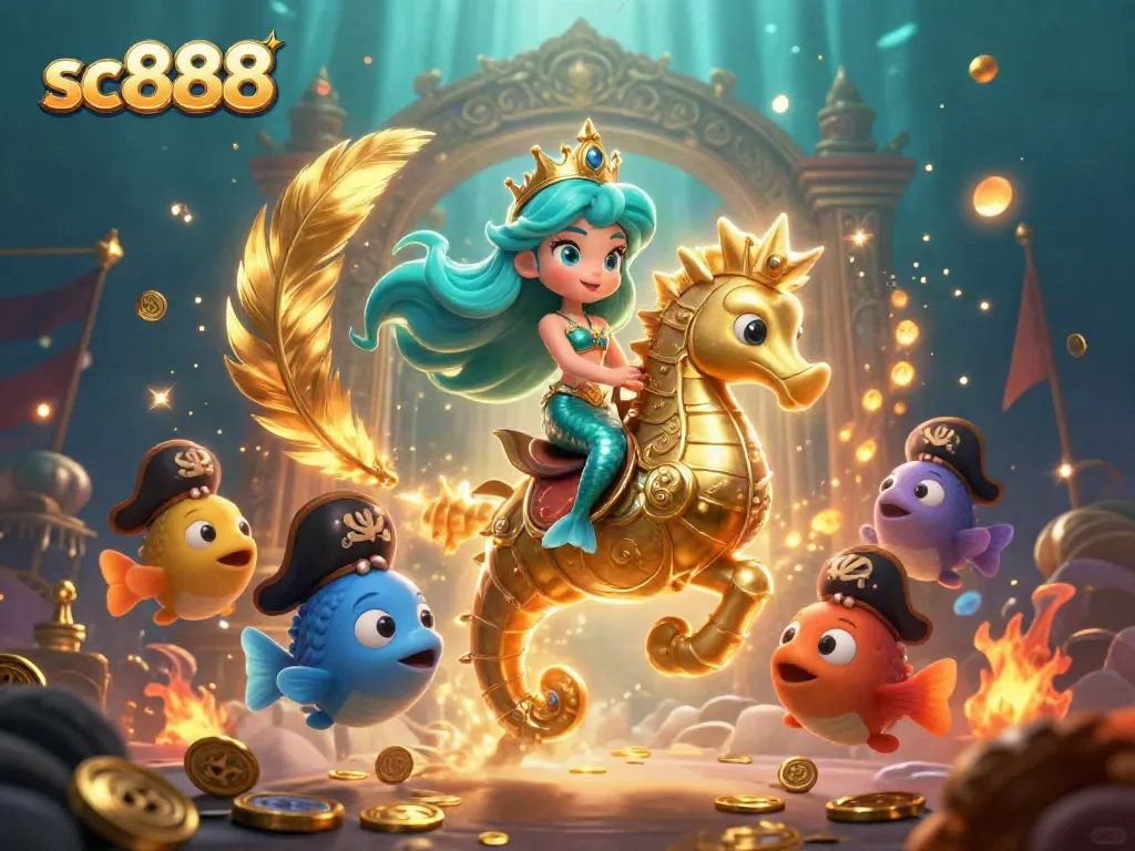 Experience the vibrant casino underwater world in sc888 with a mermaid princess, seahorse, and dynamic oceanic companions.