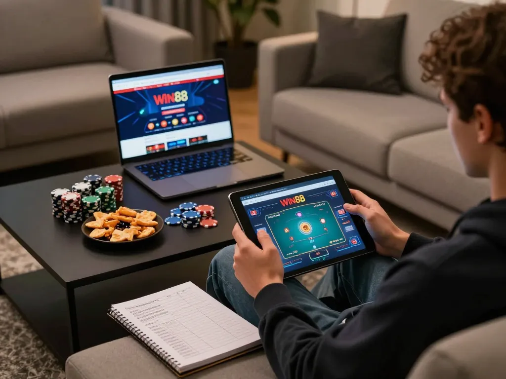 Engaged gambler using Win88 on a tablet surrounded by poker chips and strategy notes.