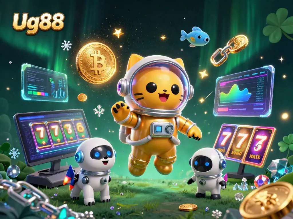 Explore Ug88's vibrant gaming world with a dynamic scene featuring an astronaut cat and crypto elements.