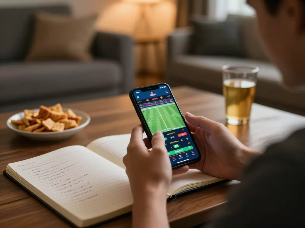 Player engaging in live sports betting on fabet app, showcasing a cozy home setup with notes and snacks.