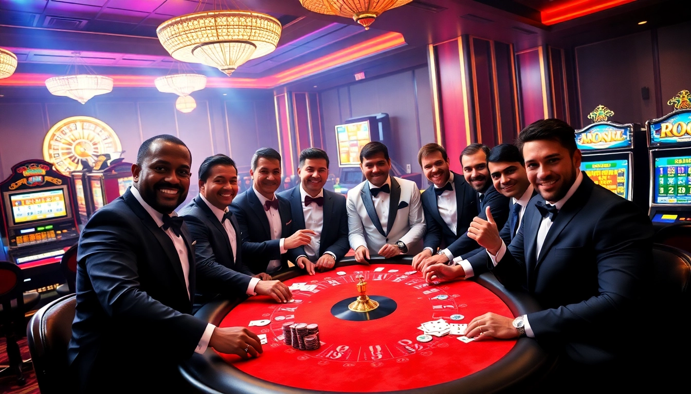 Men club members enjoying high-stakes poker at an elegant casino table.