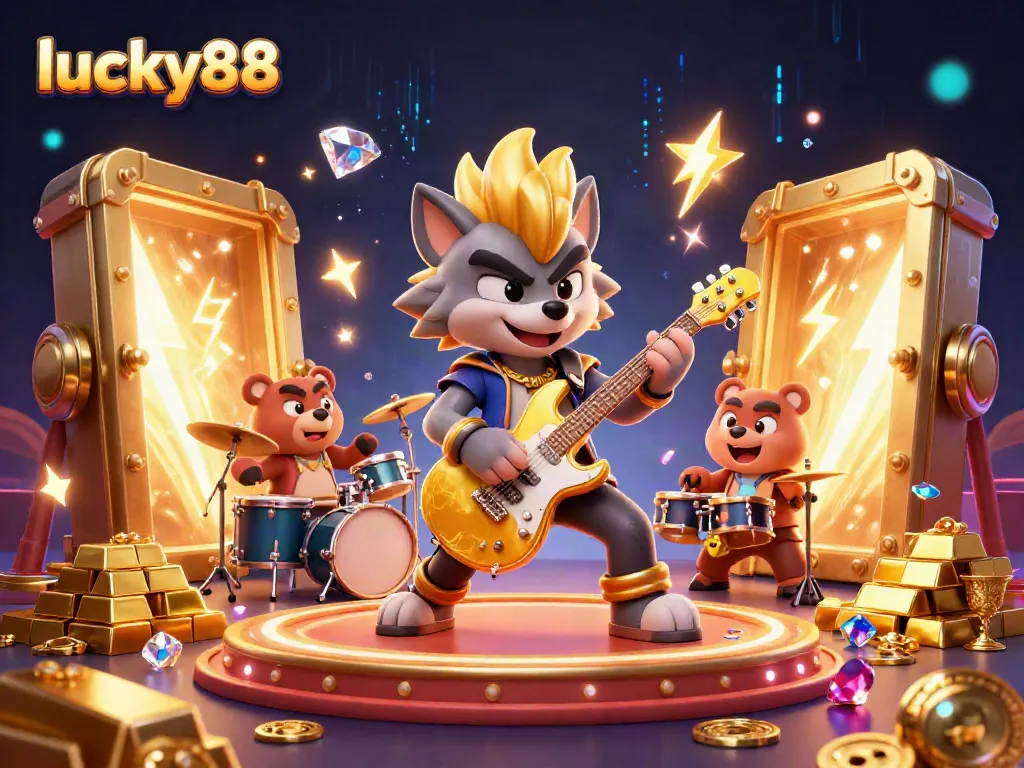Capture the excitement at lucky88, featuring a rock star wolf and drummer bear in a vibrant casino scene loaded with golden treasures.