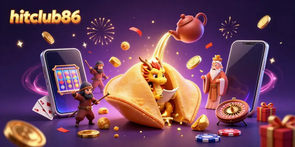 Experience the magic of hitclub86 with a vibrant, 3D casino-themed illustration of fortune and gaming excitement.