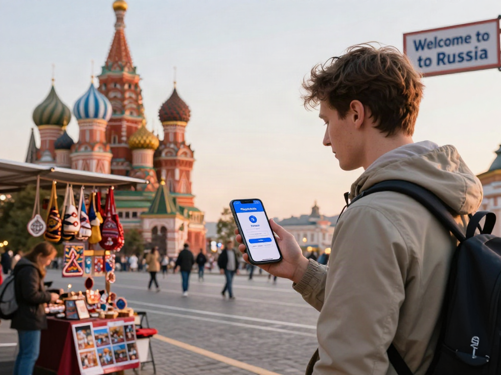 Toerist die de PayinRussia-app gebruikt voor betalingen, met een prachtig historisch monument op de achtergrond.