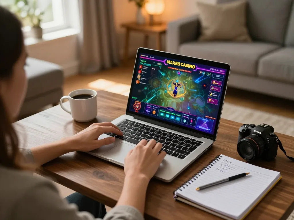 Person playing MAX88 CASINO on laptop with strategy notes in a cozy living room setting