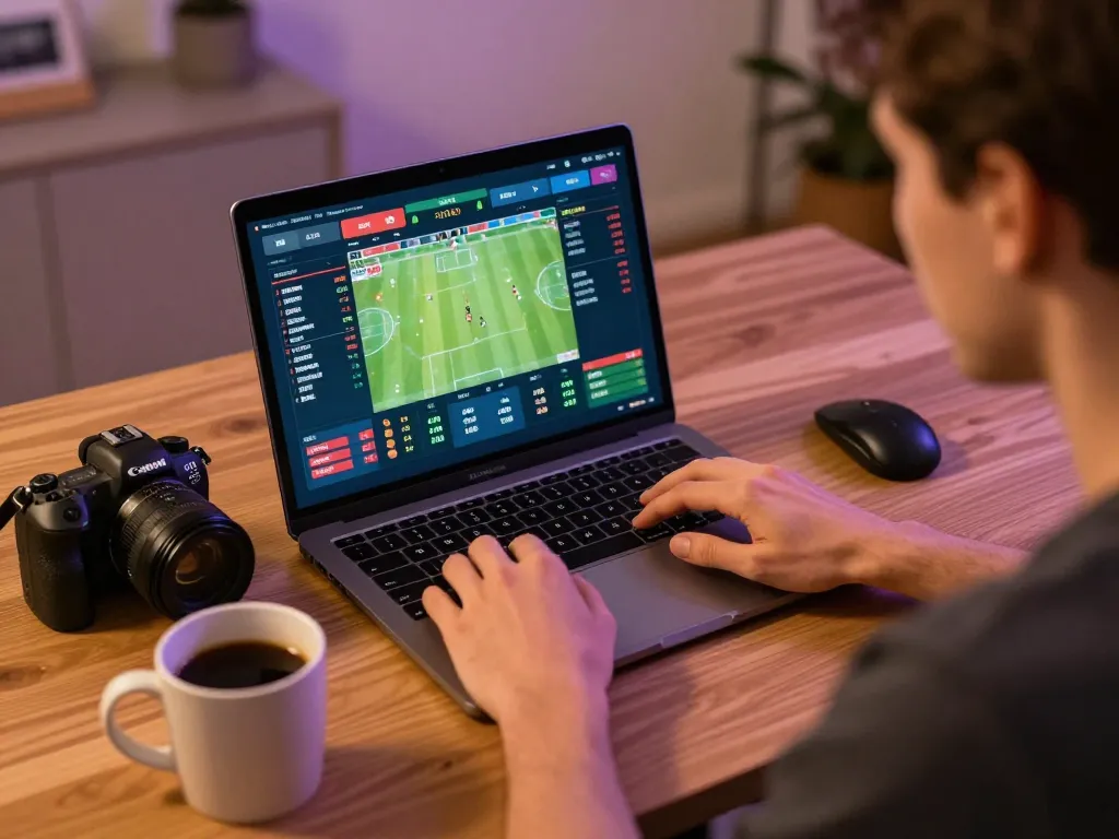 Betting on sports with https://tip88.buzz/ using a laptop, showcasing strategic engagement in a modern home setup.