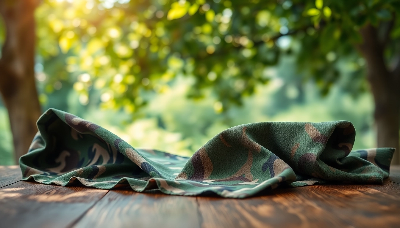 Neem een kijkje naar diverse camouflage stoffen op een houten tafel, perfect voor buitenactiviteiten.
