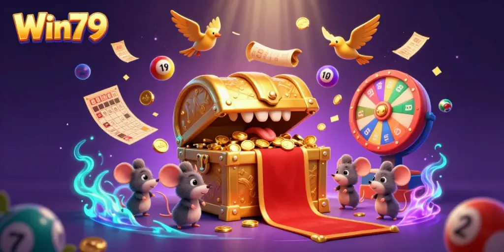 Win79 lures adventurer mice to riches amidst vibrant casino elements and golden treasure.