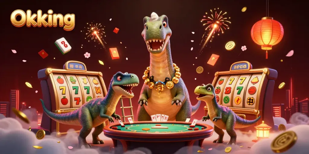 Experience the thrilling world of Okking with vibrant casino elements in a dynamic scene.