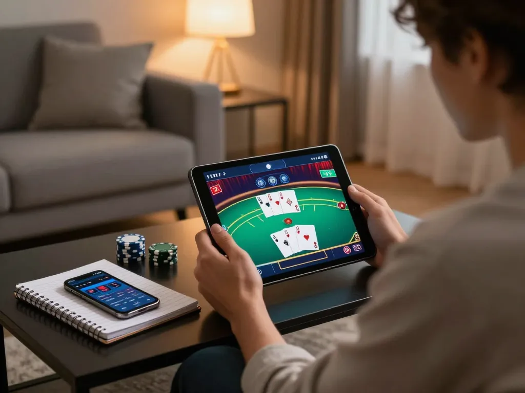 Player strategizing on RR88 tablet in cozy home setup, showcasing interactive online gambling.