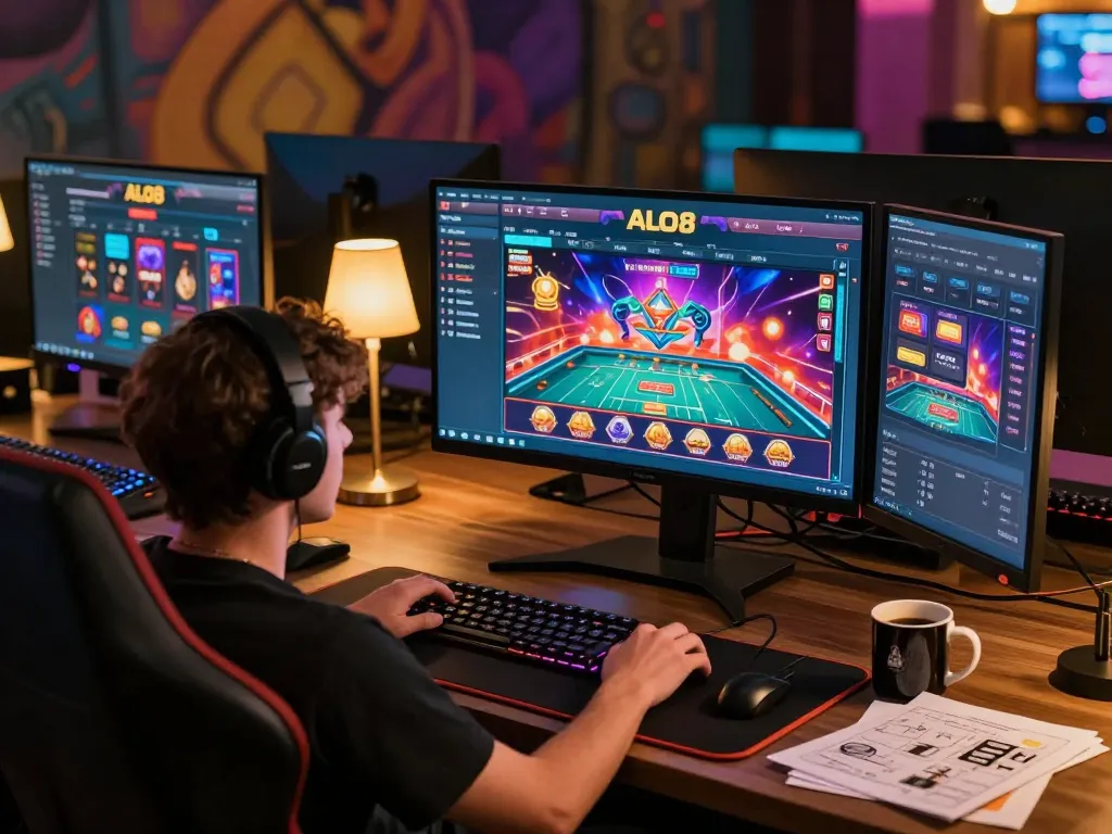 Player engaging with alo8's casino platform on multiple screens, showcasing strategic online gambling.