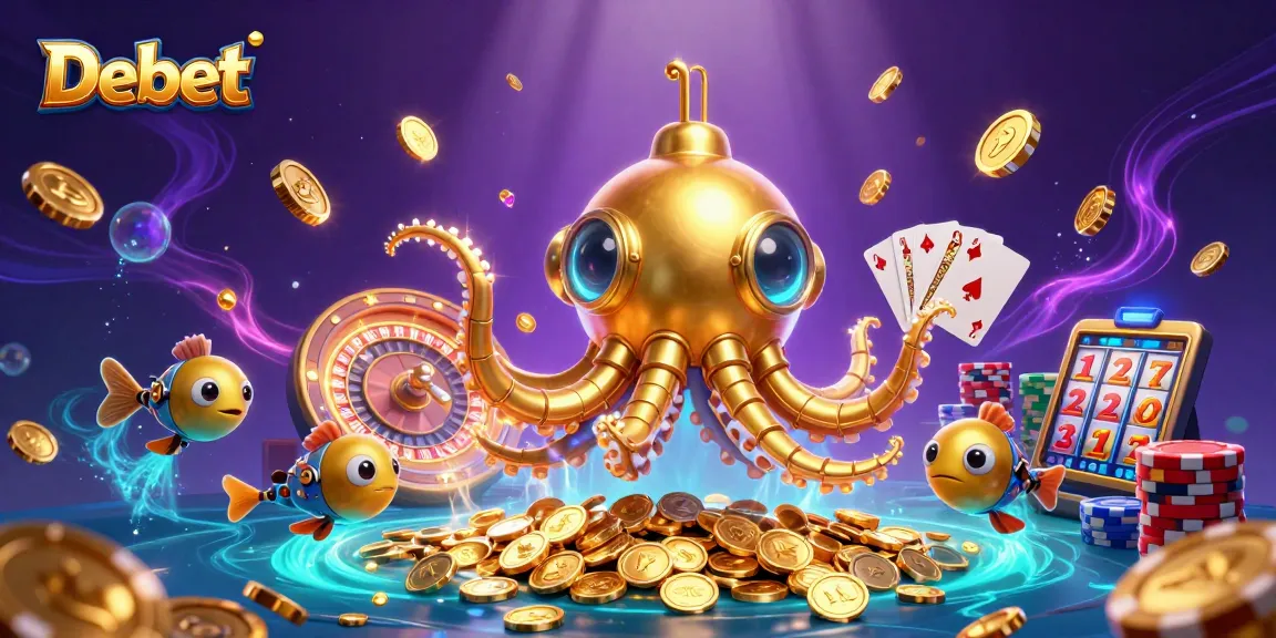 Experience the thrill at Debet with a vibrant 3D underwater casino scene featuring golden treasures and dynamic gaming elements.