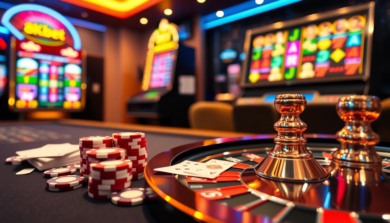 Exciting casino scene with a luxurious 8kbet interface, poker chips, and roulette wheel.