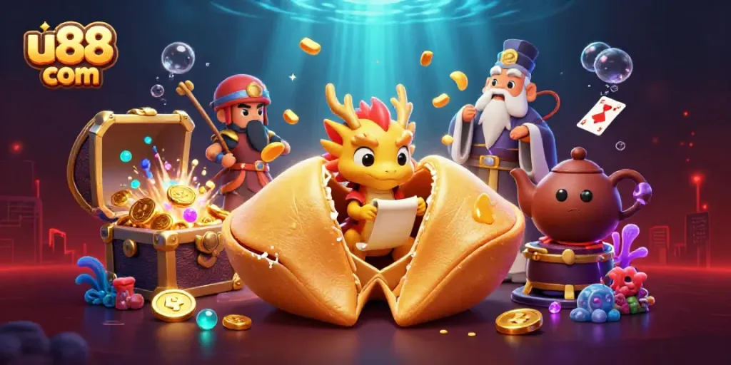 Engage in thrilling action at u88 com with a rich scene of fortune cookies, dragons, and vibrant casino elements.