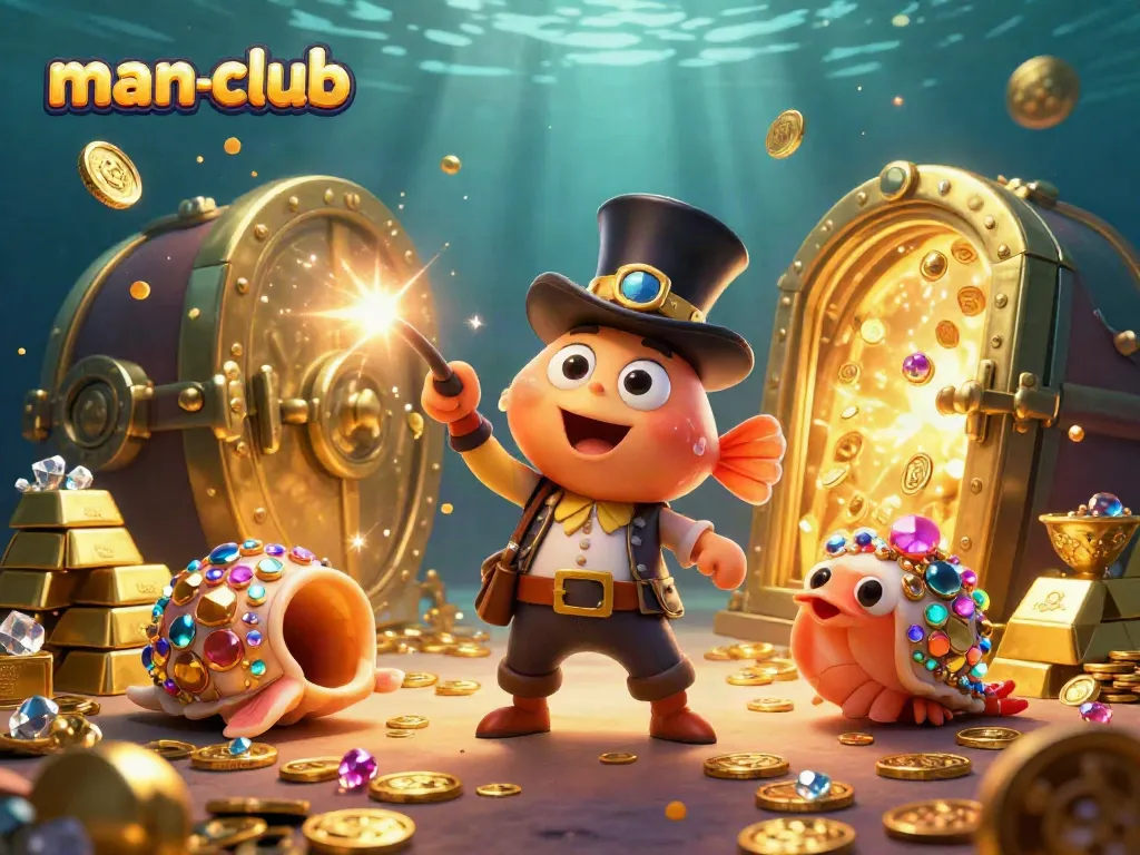 Engage with the man-club's exciting gaming world in this vibrant underwater casino scene filled with treasures.