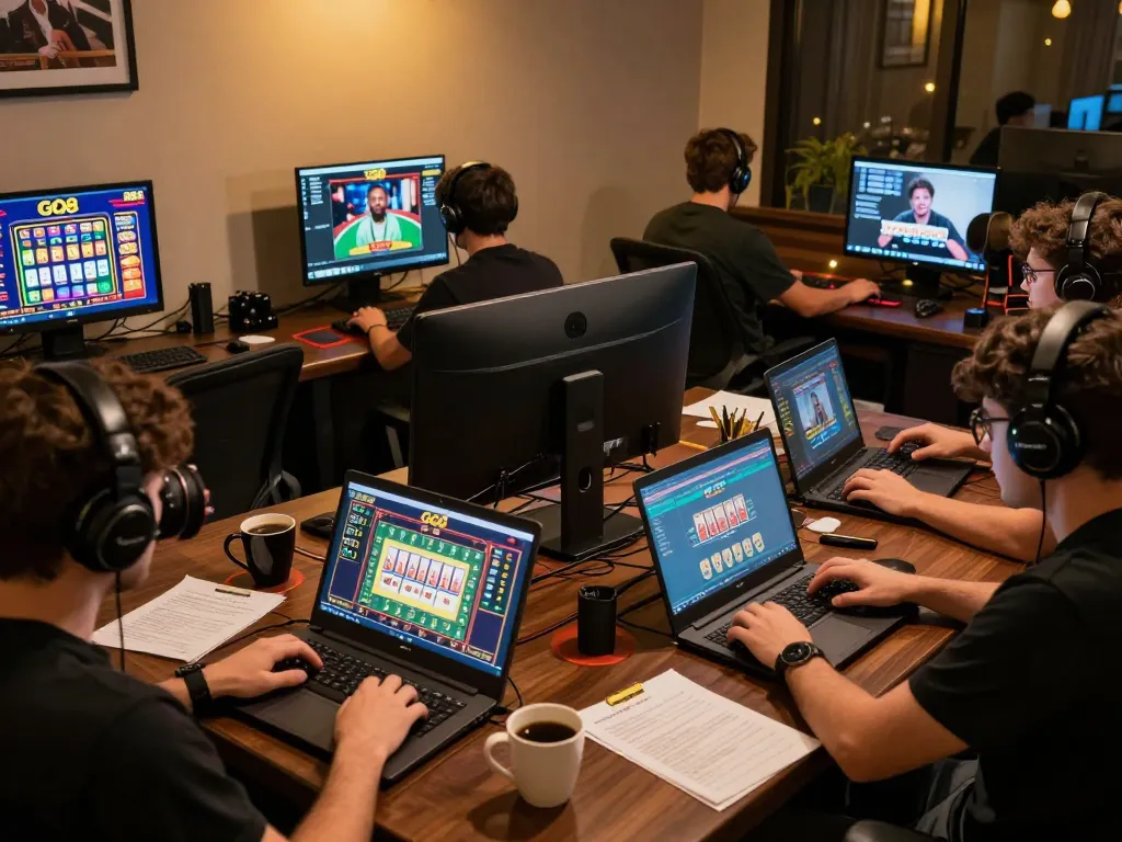 Go8 players engaged in online gaming, focusing on strategy and interaction in a vibrant atmosphere.