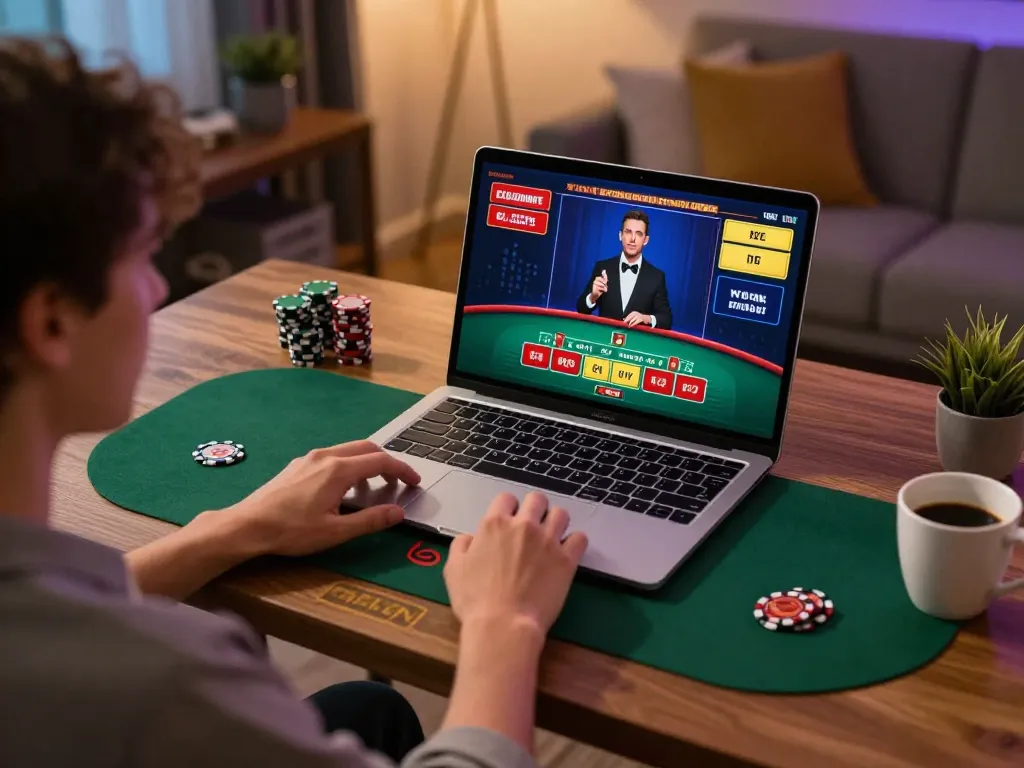 11bet1 player engaging in an exciting online blackjack game on a laptop at home.