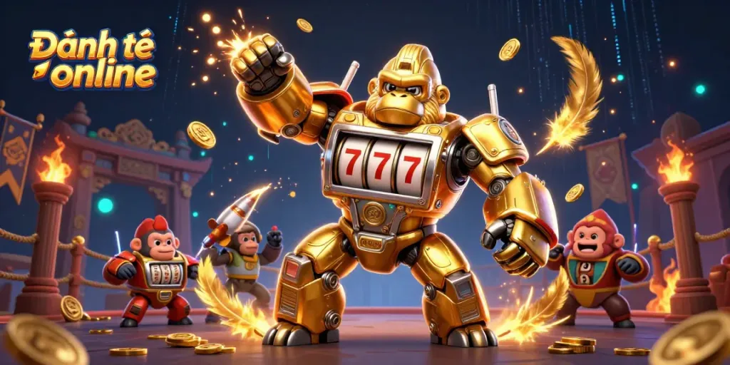 Engage in Đánh đề online with a thrilling 3D digital casino scene featuring a transformer mech and vibrant game elements.