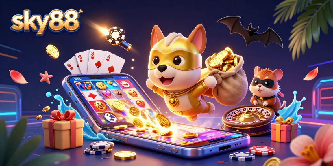 Sky88 features a cartoon superhero dog flying with a bag of gold coins, showcasing exciting casino entertainment elements.
