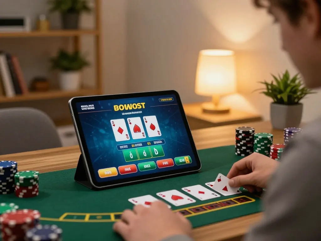 Player enjoying SC88 live dealer blackjack in a cozy home office, betting strategically on tablet.