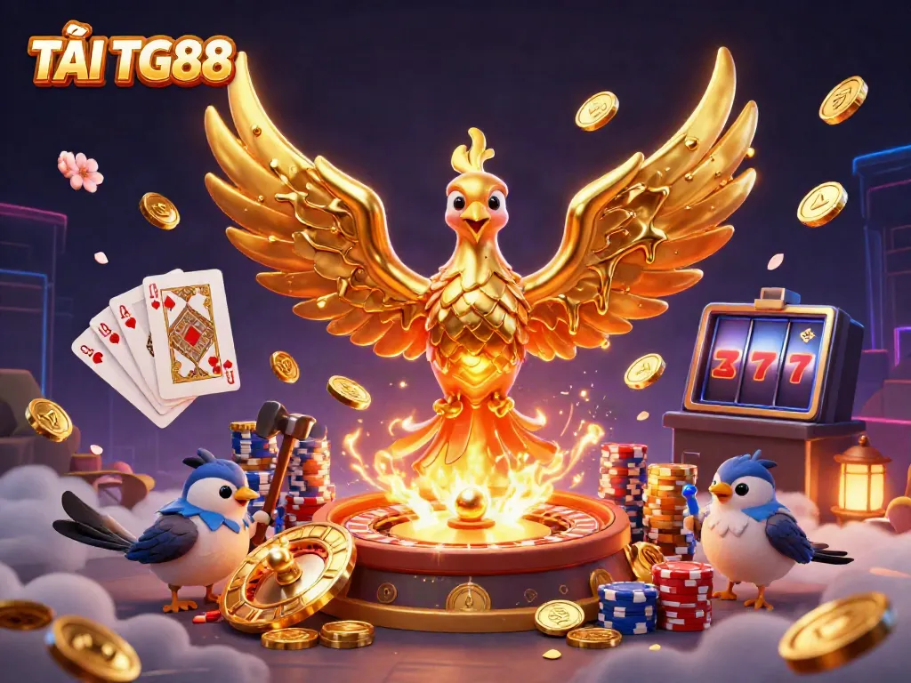 TẢI TG88, the vibrant phoenix casino scene with golden coins and sparkling gems enhances the gambling experience.