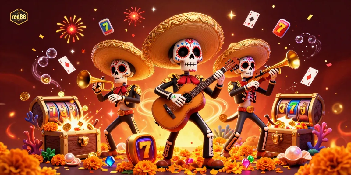 Catch the excitement of red88 with a vibrant 3D mariachi band illustrating the thrill of online slots.
