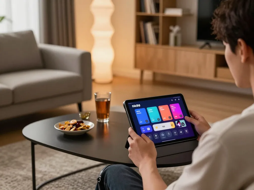 Engaging with the nk88 app on a tablet in a cozy home setup, showcasing online gambling.
