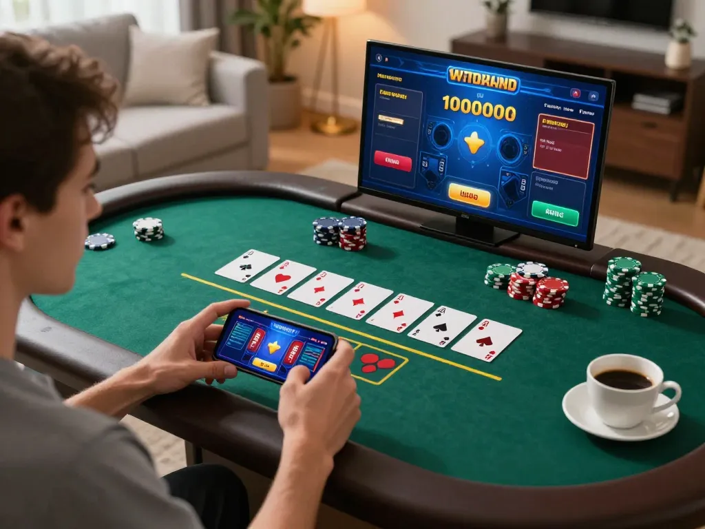 Player engaging with live dealer poker on mobile app for vb88, showcasing vibrant screen and cozy gaming atmosphere.