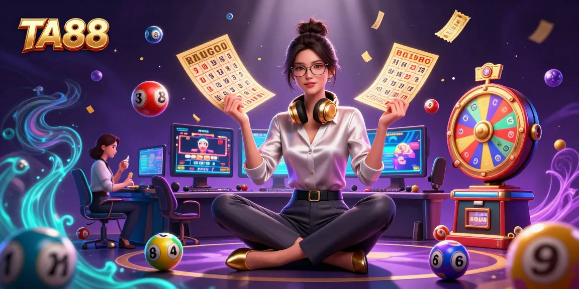 Experience TA88 with a stylish Asian woman at a high-tech casino scene featuring vibrant game elements.