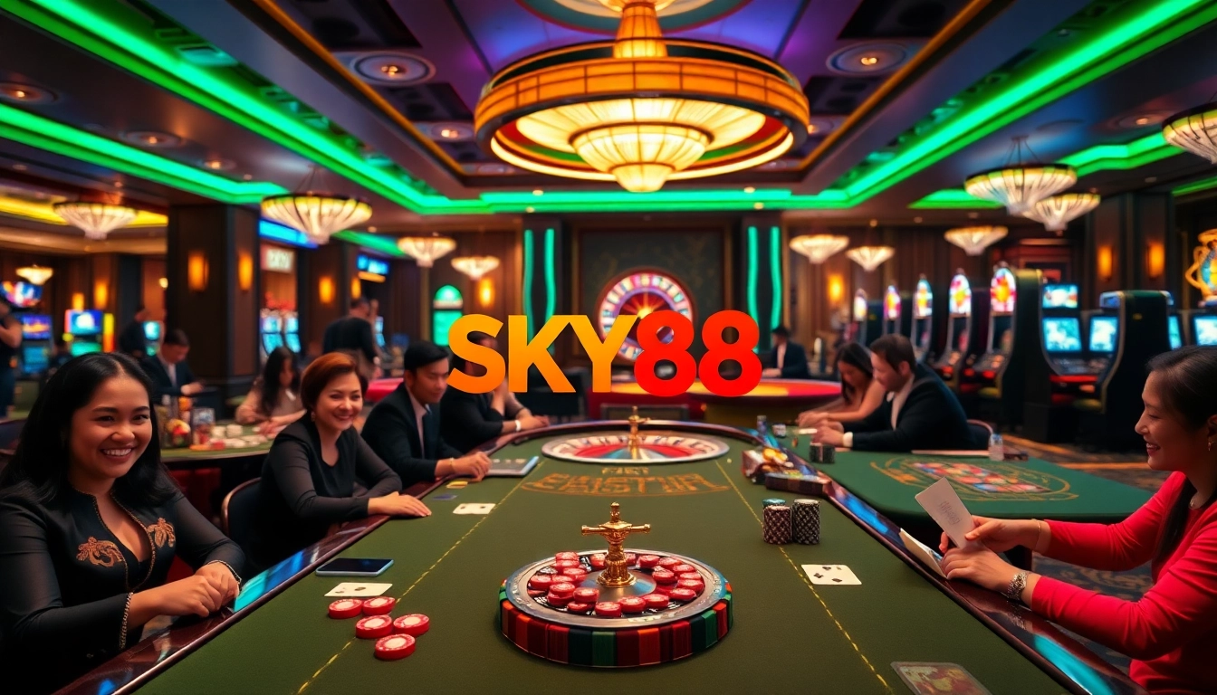 Exciting casino action at SKY88 with players and a vibrant roulette wheel.