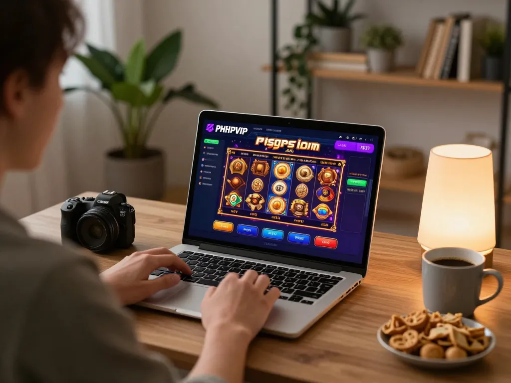 Player engaging with PHPVIP online casino games on a laptop in a cozy home setting