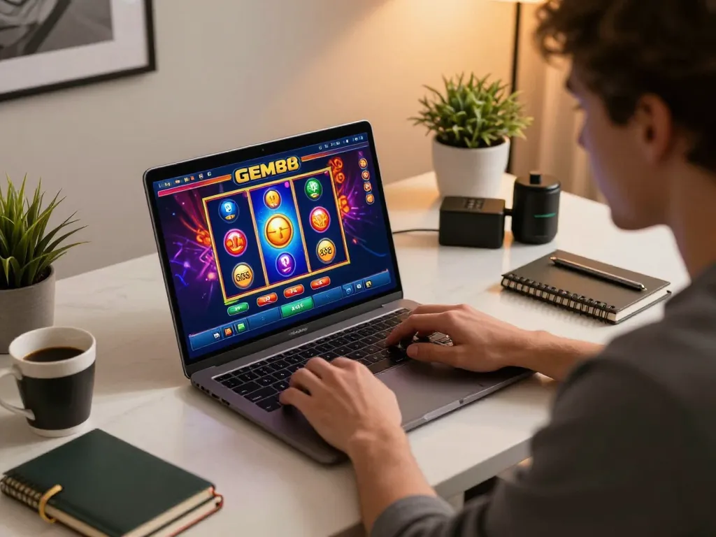Engaged player enjoying GEM88 slot games on a stylish laptop in a cozy atmosphere