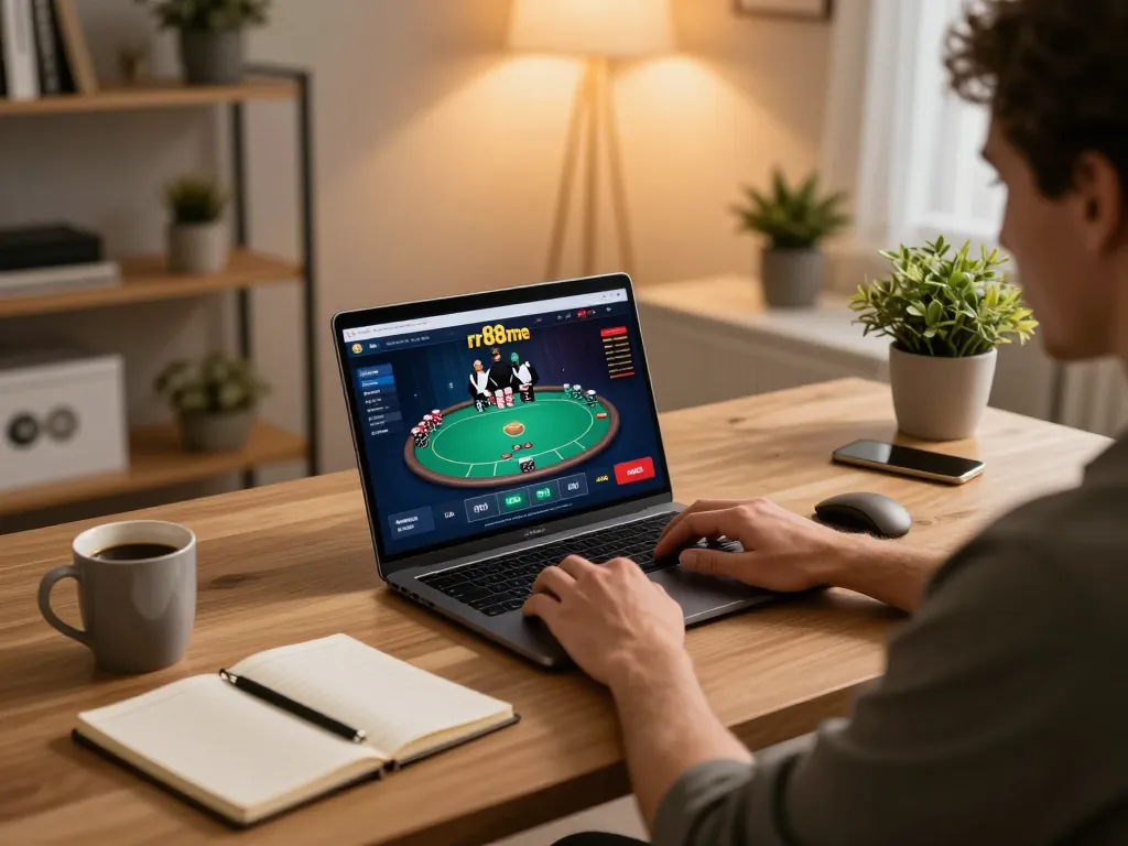 Engaging in online gambling at rr88me, user immersed in poker gameplay on laptop with strategy notes nearby.