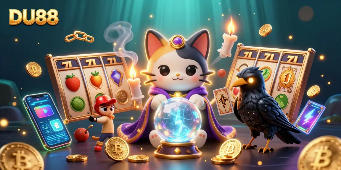 Engage with DU88's online slot experience featuring a mystical cat and crypto-themed illustrations.