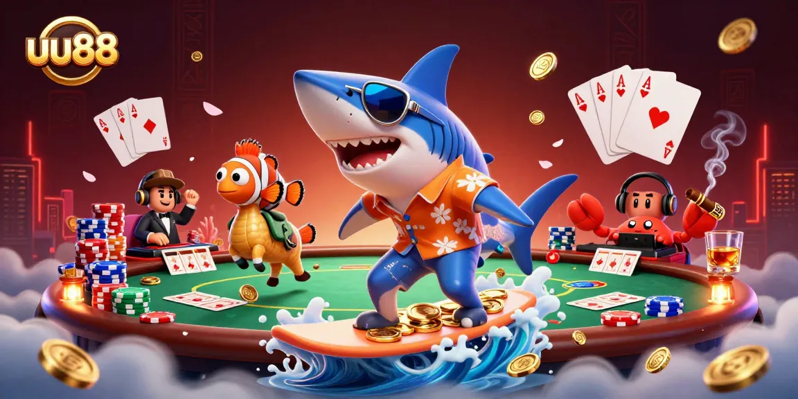 uu88 brings together a festive scene with a hammer-head shark celebrating at a vibrant casino with gold coins.