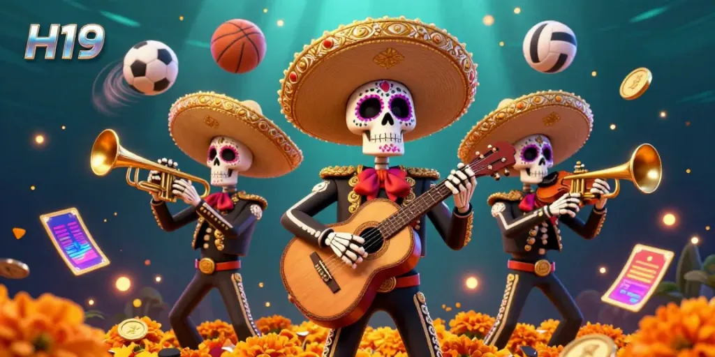 Experience the excitement of betting with H19, featuring a vibrant mariachi band surrounded by dynamic gaming elements.