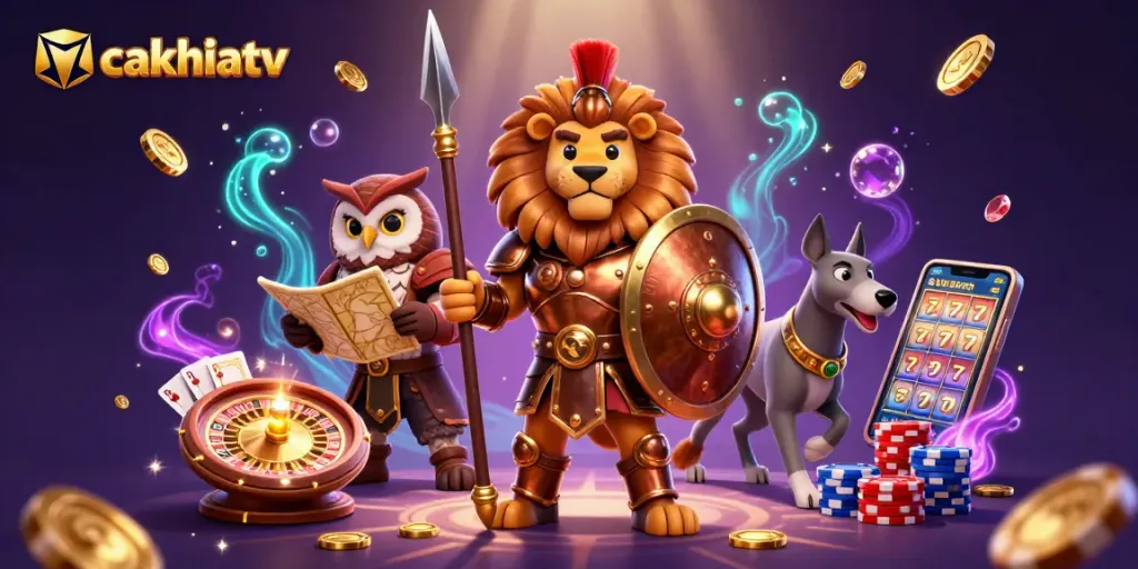 Cakhiatv showcases a Spartan lion, owl strategist, and greyhound surrounded by vibrant casino elements.