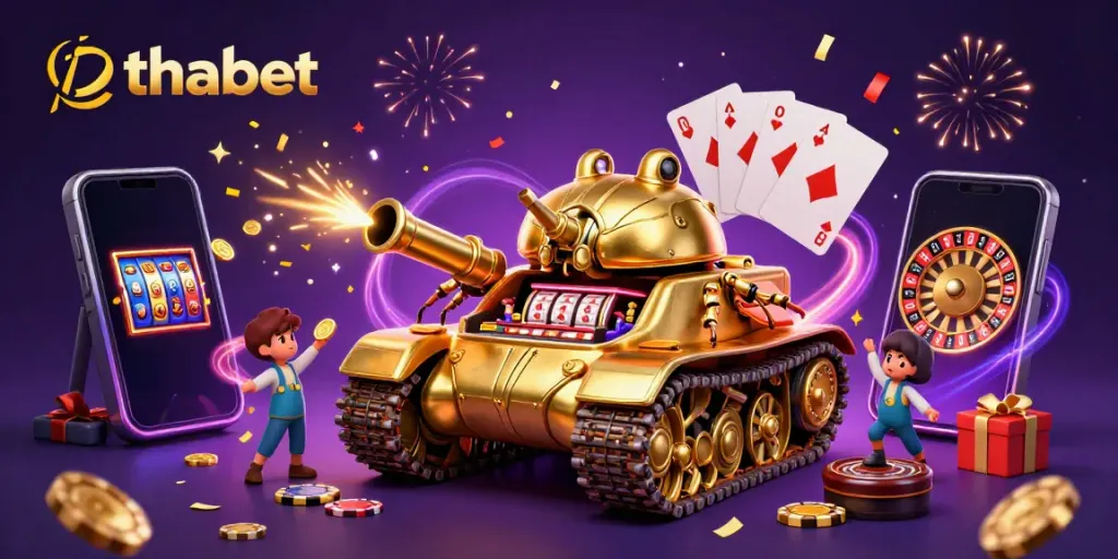 Experience the vibrant world of thabet with a colorful casino-themed illustration featuring games and confetti.