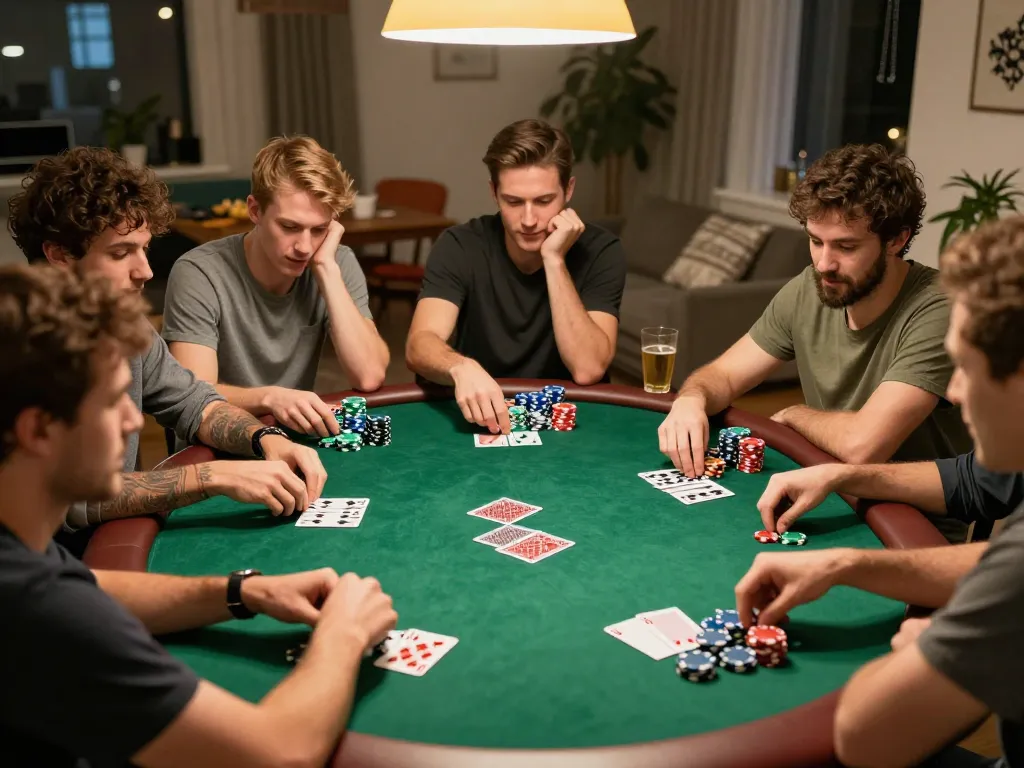 Friends playing poker at home, showcasing the social fun of Nhà Cái O8 gaming experience.