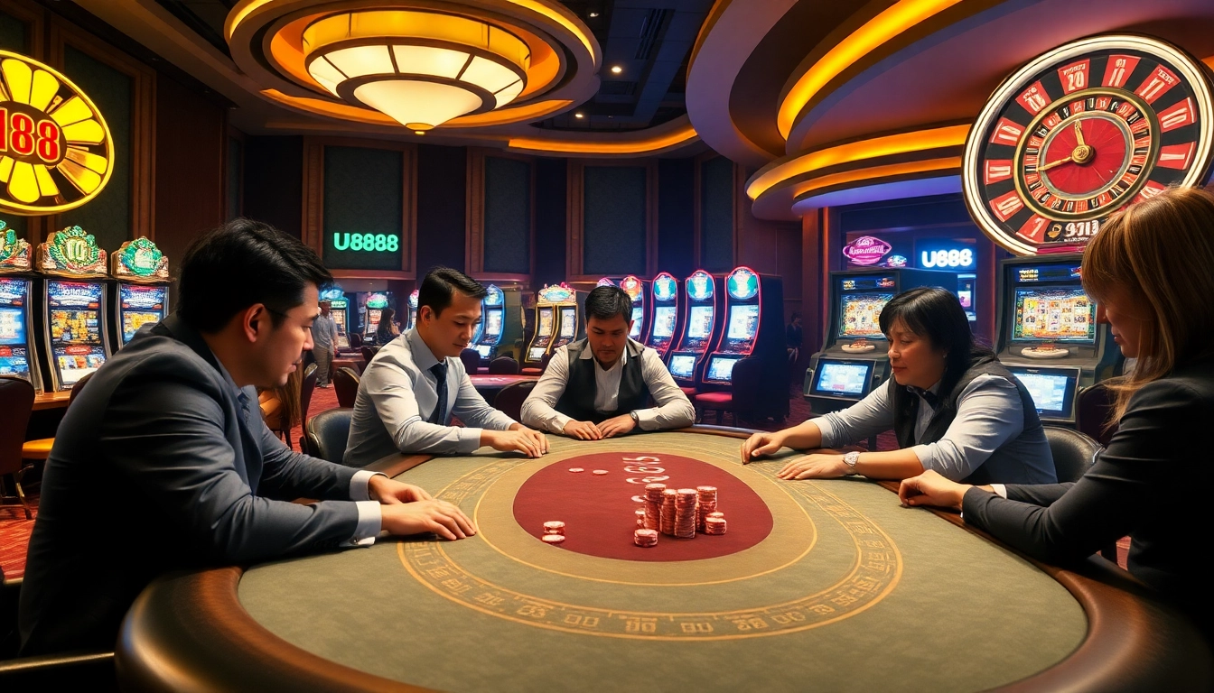 U888 gaming table with engaged players and vibrant casino elements creating a thrilling gambling atmosphere.