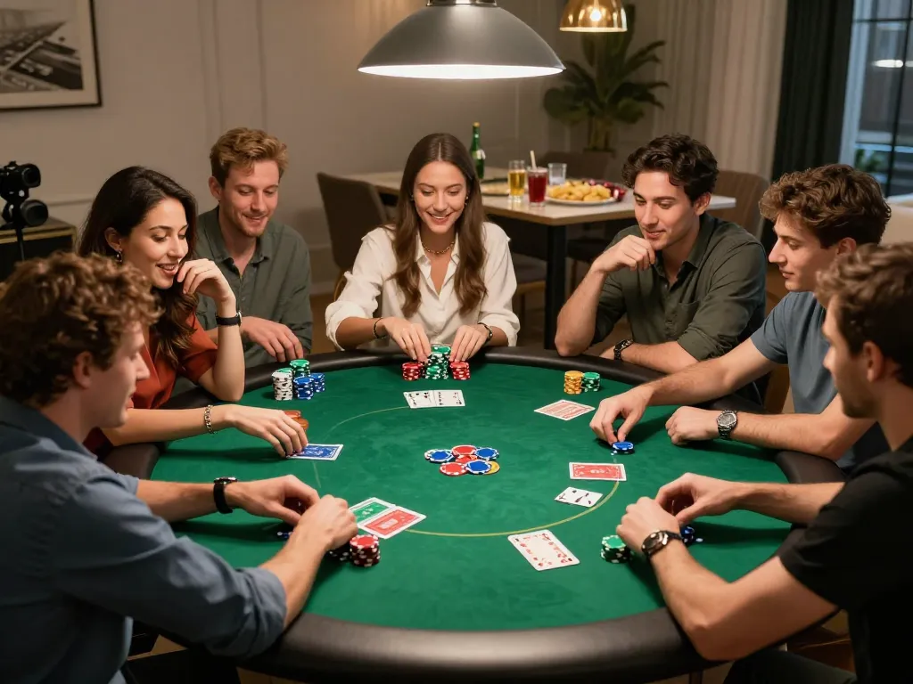 Friends enjoy a strategic poker game at home, highlighting vnloto community and responsible gambling.