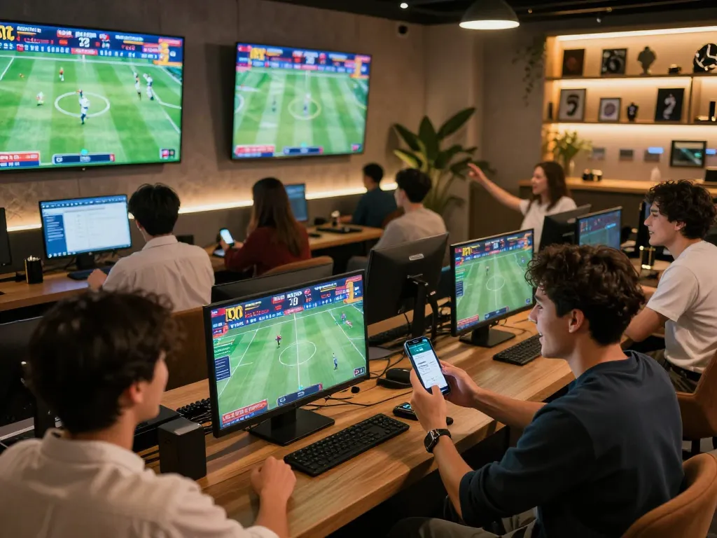 Person placing bets on mobile app ku88q while enjoying live sports in a modern lounge setting