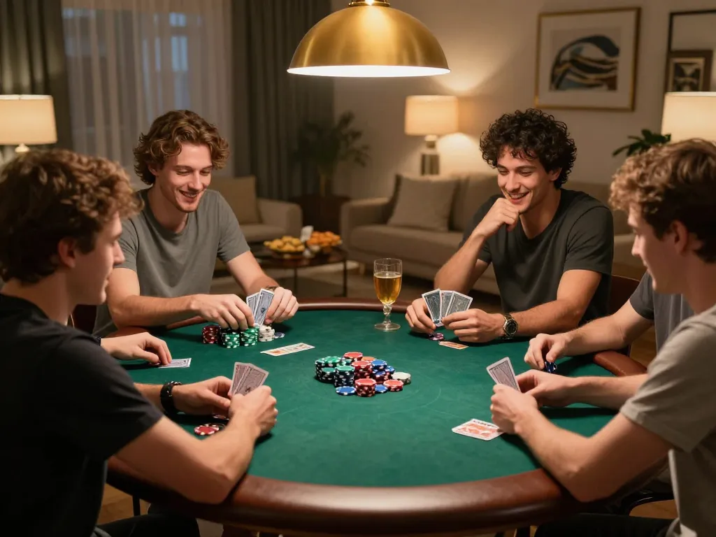 Friends enjoying a poker night at home, engaging excitedly with five88 poker game strategy.