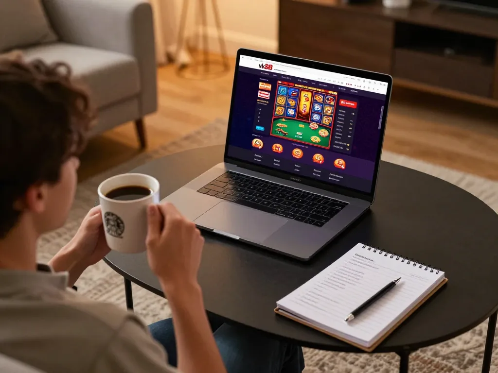 Engage with vk88's online casino games on a stylish laptop in a cozy home setting