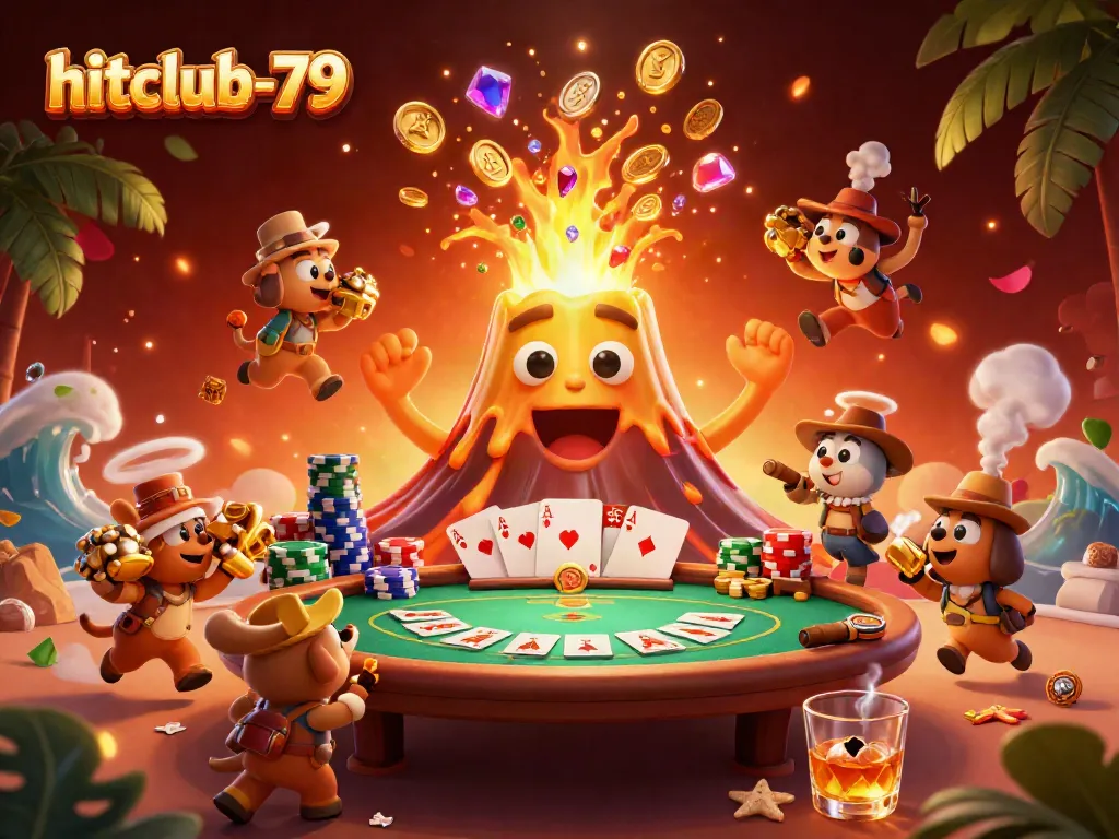 Experience thrilling wins at hitclub-79 with a golden volcano erupting treasure and casino games.