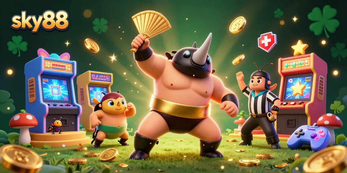 Experience thrilling gameplay at sky88 with a dynamic scene featuring a sumo champion and vibrant casino elements.