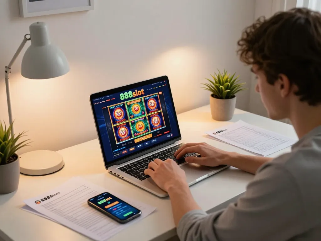 Player exploring 888slot online casino on a laptop, surrounded by a strategic gaming setup in a cozy home