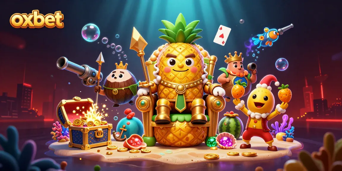 Experience the vibrant oxbet fantasy casino scene with a golden pineapple king and dynamic gaming elements.