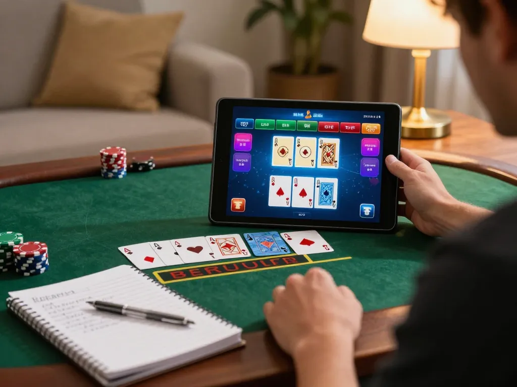 Engaging in strategic online blackjack gameplay with CO88 on a tablet, cozy atmosphere