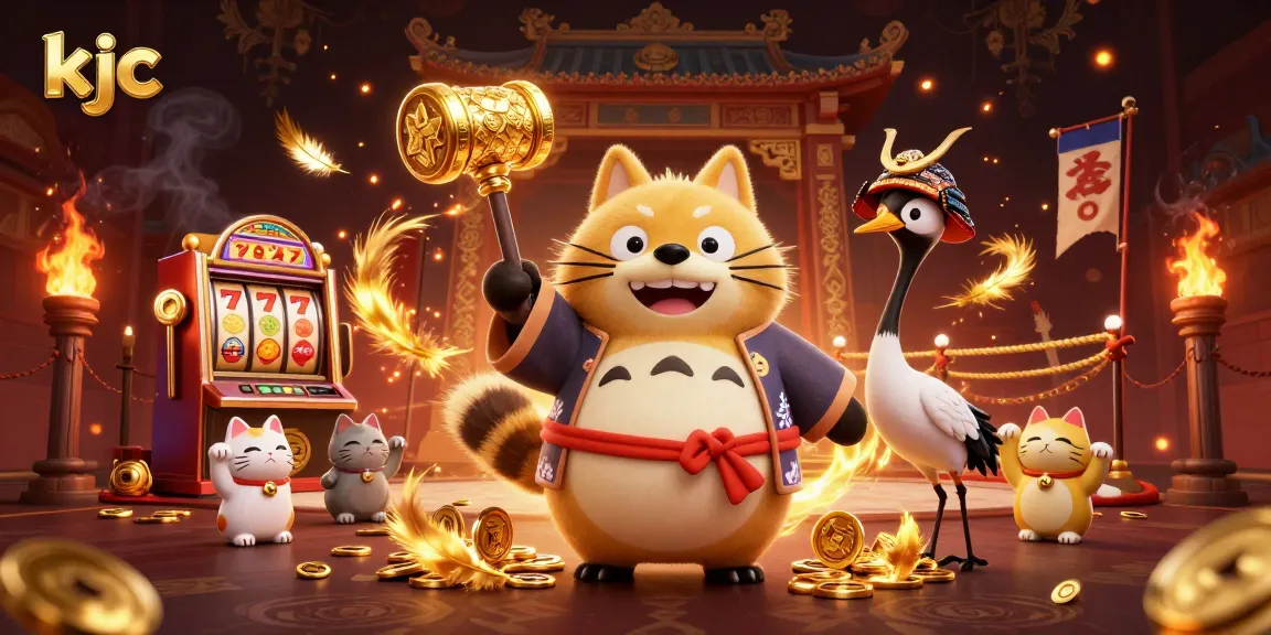 KJC brings luck with charming tanuki, samurai crane, and waving fortune cats amid vibrant casino elements.